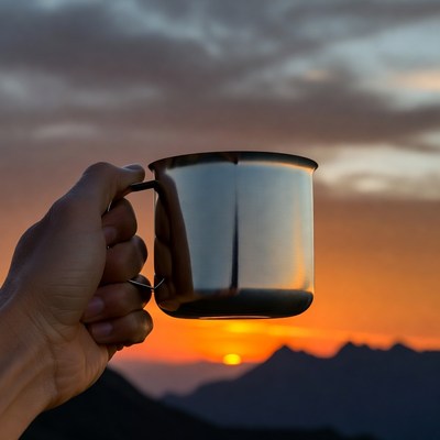 Hand holding metal mug at sunset mountains