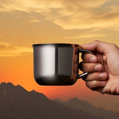 Hand holding metal mug at sunset mountains