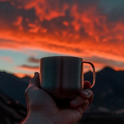 Man holding mug at sunset mountains