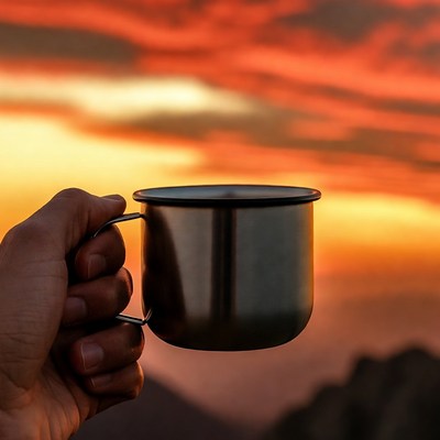 Hand holding metal mug at sunset