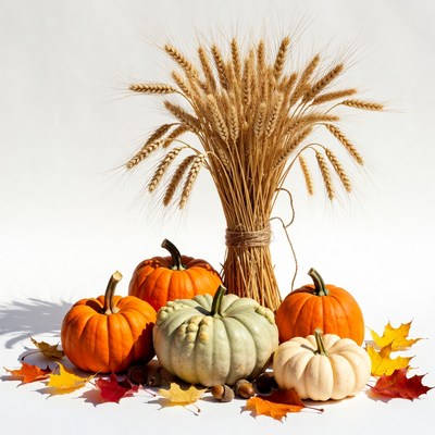 Pumpkins Wheat Acorns Autumn Display