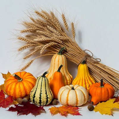 Assortment of pumpkins with wheat and fall leaves