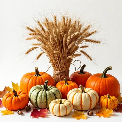 Assortment of pumpkins with wheat and fall leaves