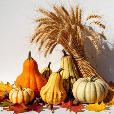Assortment of pumpkins with wheat and fall leaves