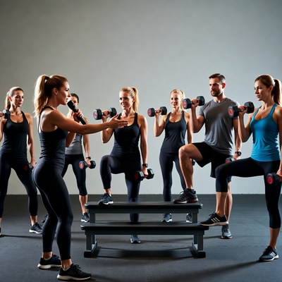 Fitness instructor leading group dumbbell workout