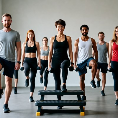 Diverse Group Doing Step Aerobics