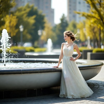 Woman leaning on fountain in autumn park