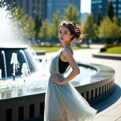Asian woman in gray dress by fountain