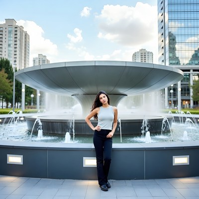 Asian woman posing at urban fountain