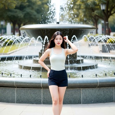 Asian woman posing at fountain