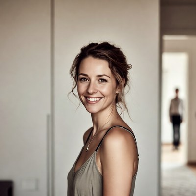 Smiling woman in tank top by door
