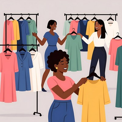 African-American women shopping clothes store