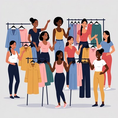 African-American women shopping clothes illustration