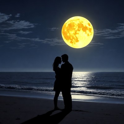 Silhouette couple embracing beach moon