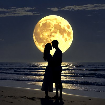 Silhouette couple embracing by moonlit beach