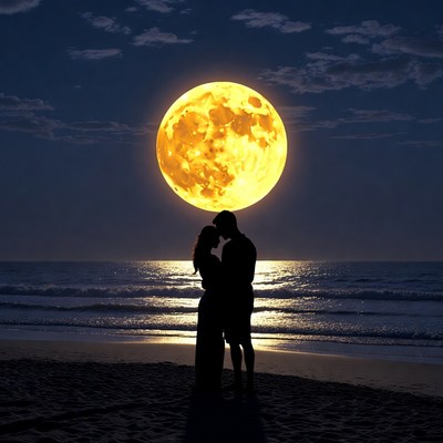 Silhouette couple embracing before giant yellow moon