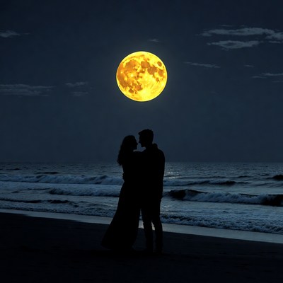 Silhouette couple embracing under full moon beach