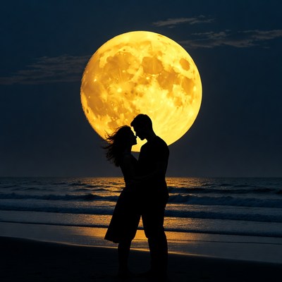 Silhouette couple embracing before giant moon