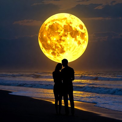 Silhouette couple embracing before giant yellow moon