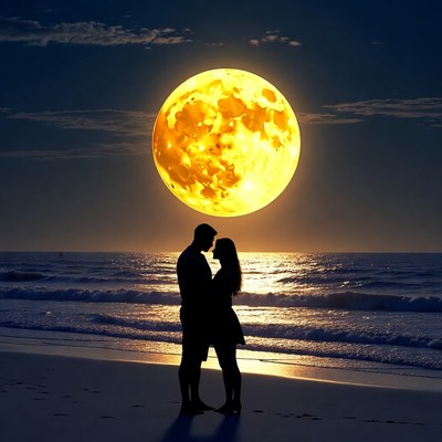 Silhouette couple kissing under full moon beach