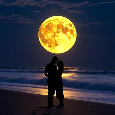 Silhouette couple embracing beach full moon