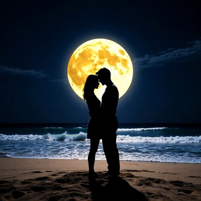 Silhouette couple embracing beach moon