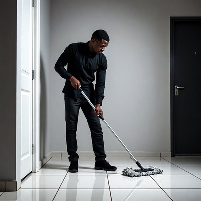 African man mopping floor