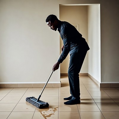 African man mopping wet floor
