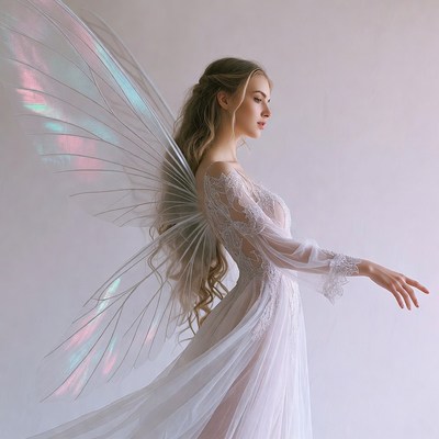 Blonde woman with iridescent fairy wings