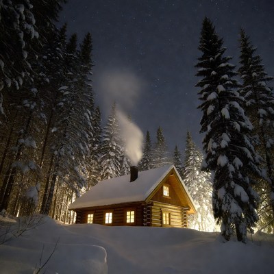 Cozy Wooden Cabin in Snowy Forest Night