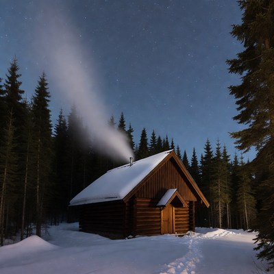 Snowy Log Cabin with Chimney Smoke