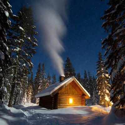 Cozy log cabin with chimney smoke in snowy forest