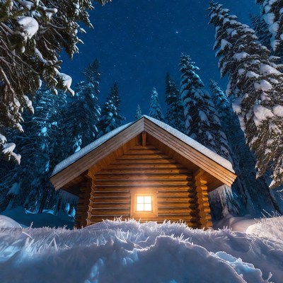Log cabin glowing in snowy forest night