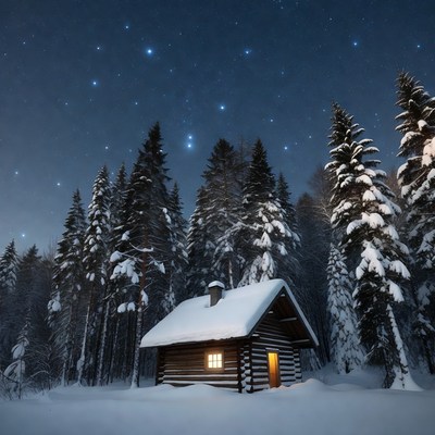 Cozy lit cabin in snowy forest