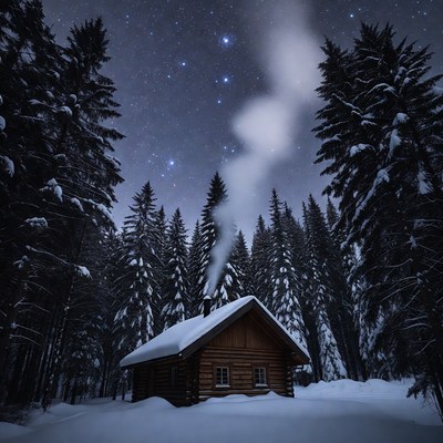 Snowy Cabin with Chimney Smoke Under Starry Sky