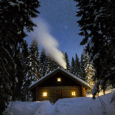 Snowy Log Cabin Under Starry Night Sky