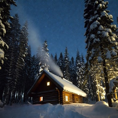 Cozy Log Cabin in Snowy Forest Night