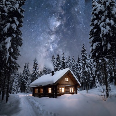 Cozy Cabin in Snowy Forest Under Milky Way