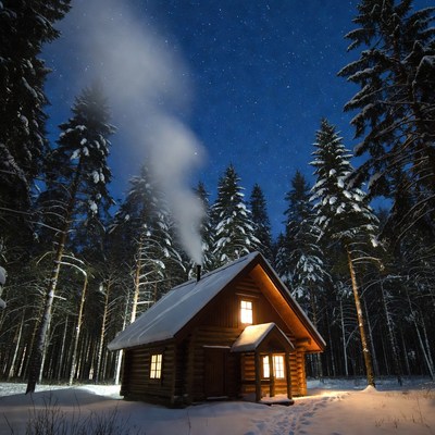 Snowy Log Cabin in Starry Forest Night