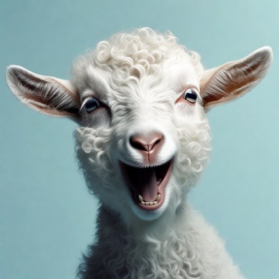 Fluffy lamb laughing on blue background