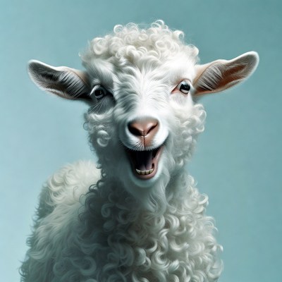 Fluffy white lamb laughing