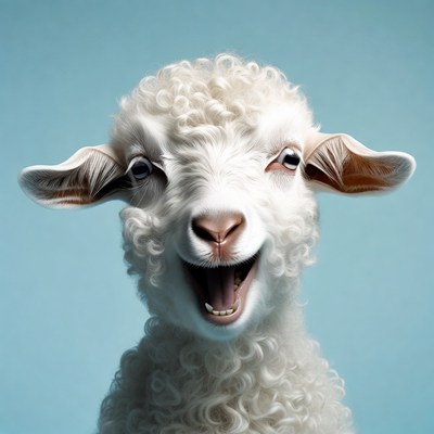 Fluffy lamb smiling on blue background
