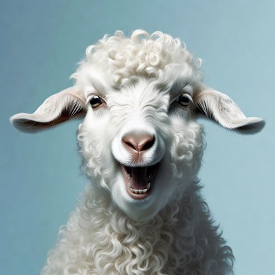 Fluffy Lamb Smiling on Blue Background