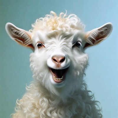 Fluffy white lamb laughing