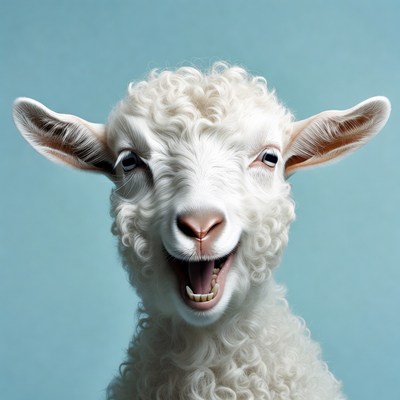 Lamb laughing on blue background