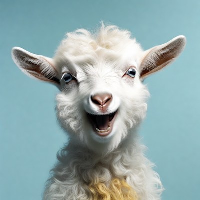 Fluffy white baby goat smiling