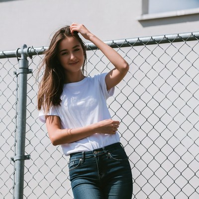 Young woman leaning on chain link fence
