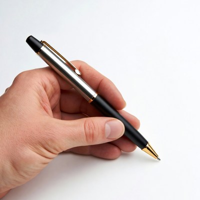 Man's hand holding black gold pen