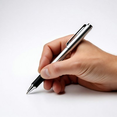 Man's hand holding silver pen