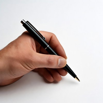 Man's hand holding black pen
